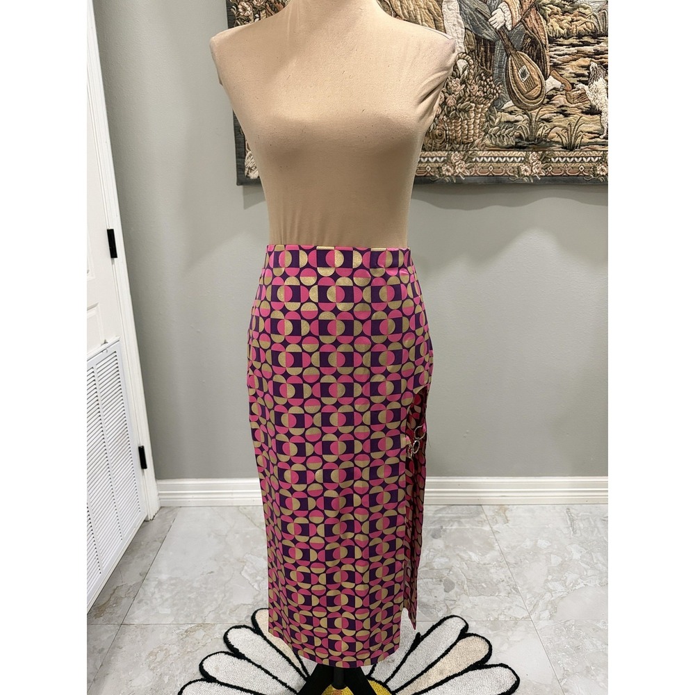 Urban Outfitters Skirt Womens Small Multicolor Geo Satin Midi High Slit Rings